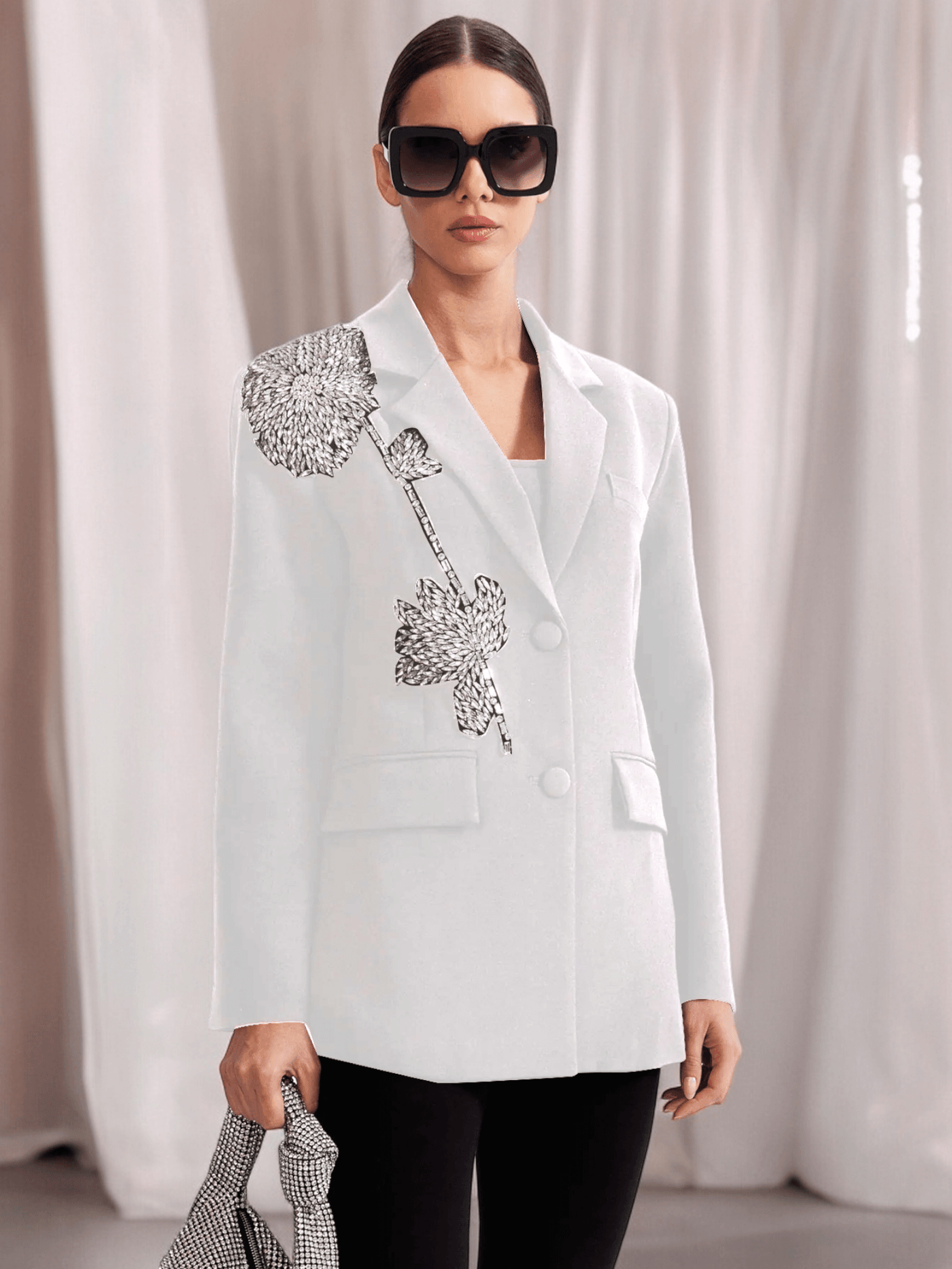 Woman wearing Long Sleeve Floral Detail Blazer White, featuring intricate floral design and front buttons for a sophisticated look.