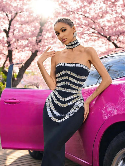 Sana Diamond Rhinestone Maxi Bandage Dress