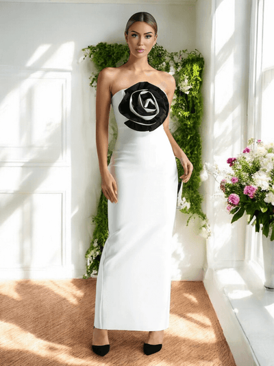 Betu Strapless Flower Bandage Maxi Dress, elegant floral embellished strapless evening gown