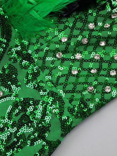Image of a Strapless Green Sequin Feather Mini Dress