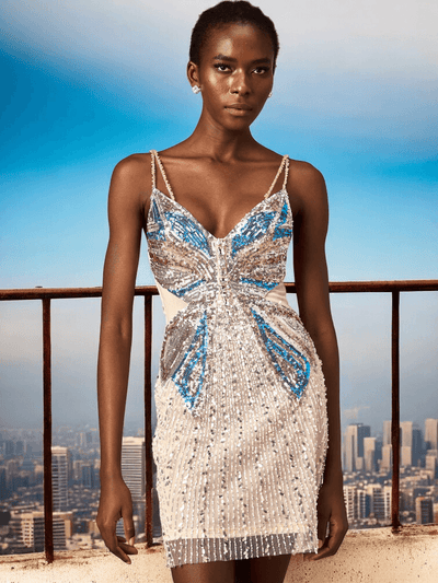 Ida Spaghetti Strap Sequined Butterfly Dress with Pearls Front