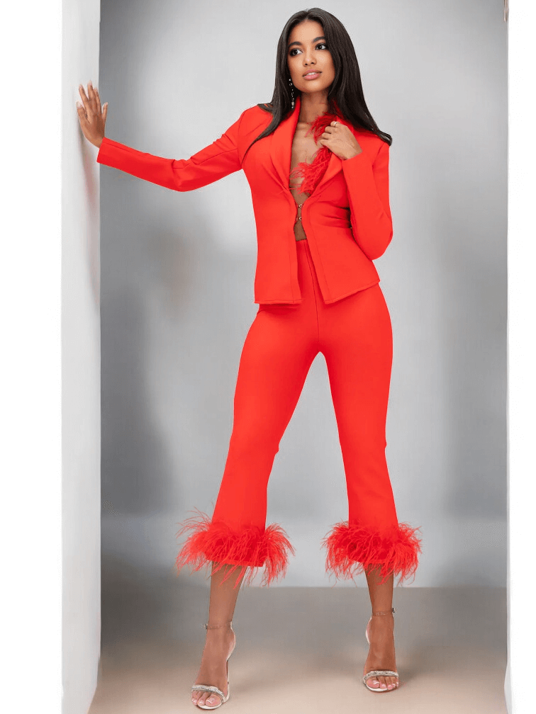 Yolo Red Trousers Set with Feather Trim – High-Waisted Pants and Matching Jacked for Women