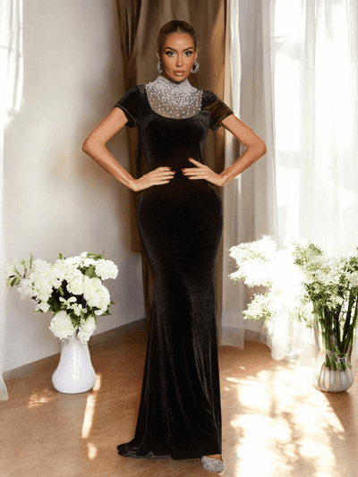 Sanda Pearls Embellished Velvet Maxi Dress, luxurious velvet gown with pearl details