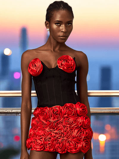 Red rose appliqué crop top and skirt matching set with floral design, perfect for weddings and special occasions.