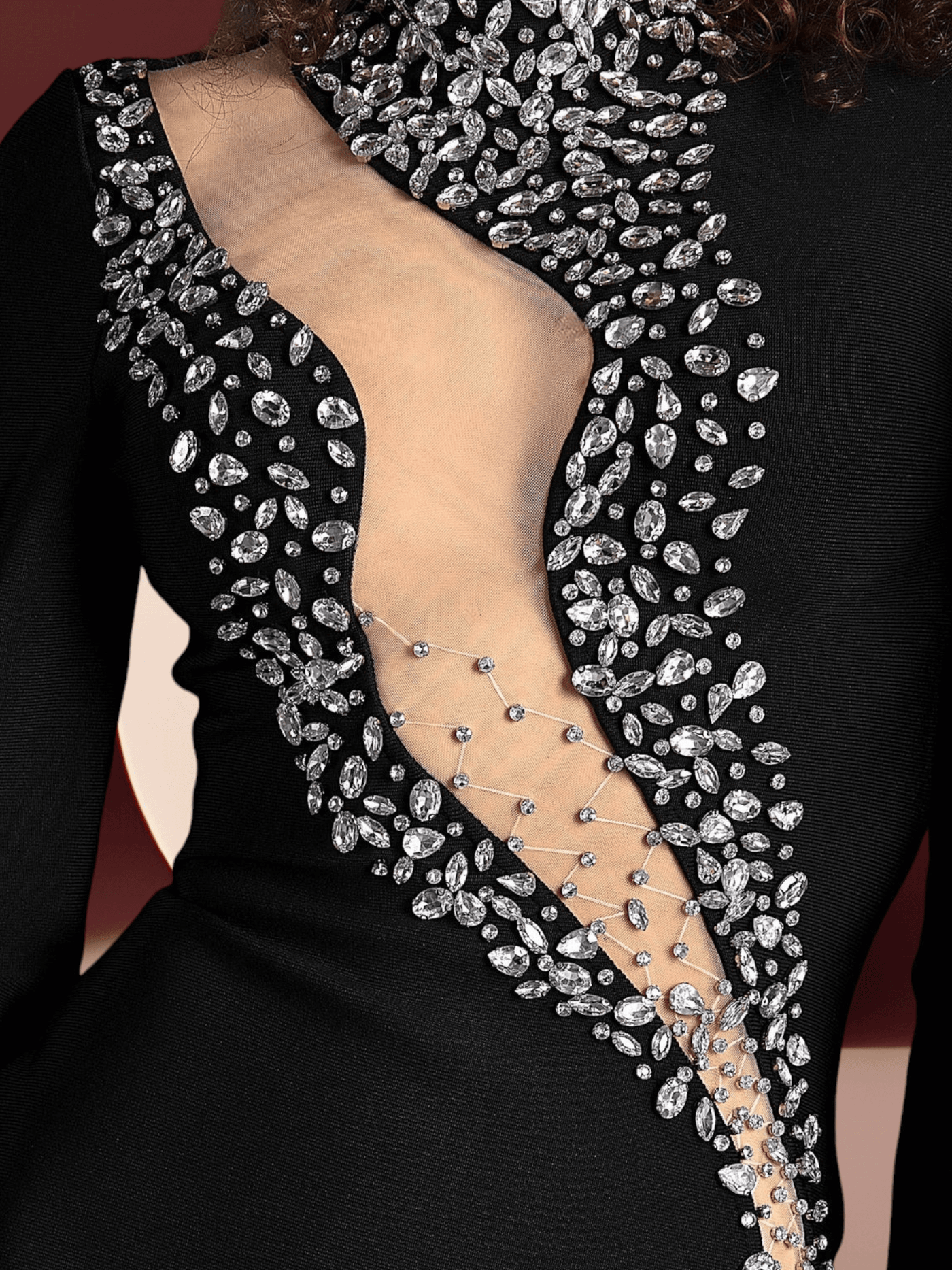 Black long sleeve maxi bandage dress adorned with diamond embellishments