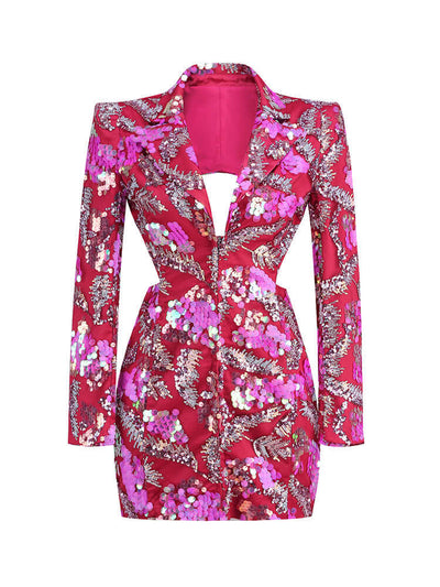 Long Sleeve Sequin Backless Blazer Dress Hot Pink