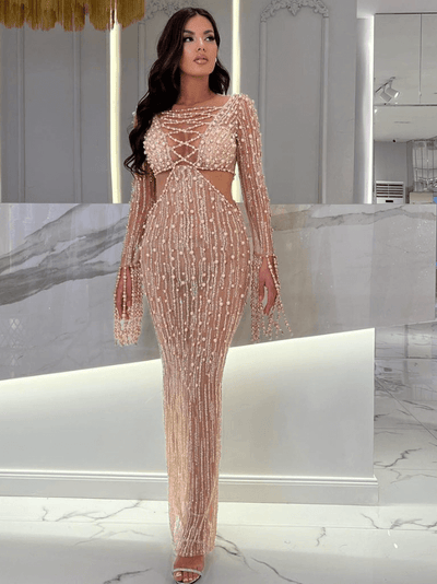 Pearl Embellished Sequin Maxi Dress in Nude
