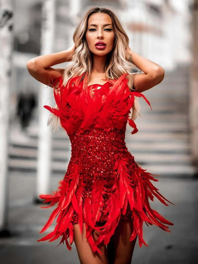 Ruth REd Feather Mini Dress