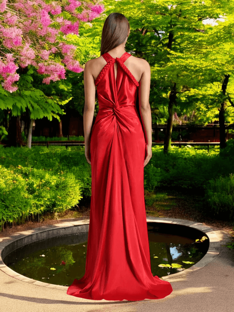 Red Halter Braided Draped Maxi Dress with intricate braided and draped details for weddings and formal events