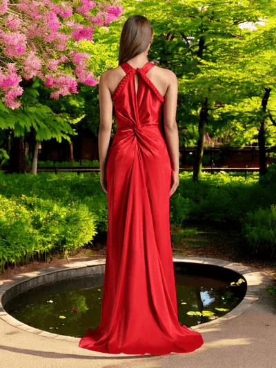 Red Halter Braided Draped Maxi Dress with intricate braided and draped details for weddings and formal events