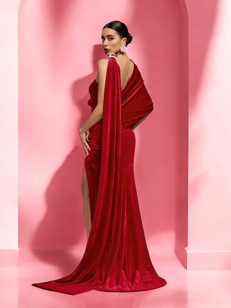 Red carpet-worthy strapless velvet maxi dress with dangerous leg slit