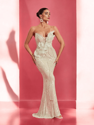 Mint Lisa Lux Pearl Embellished Strapless Maxi Dress with pearl details for weddings and formal events.