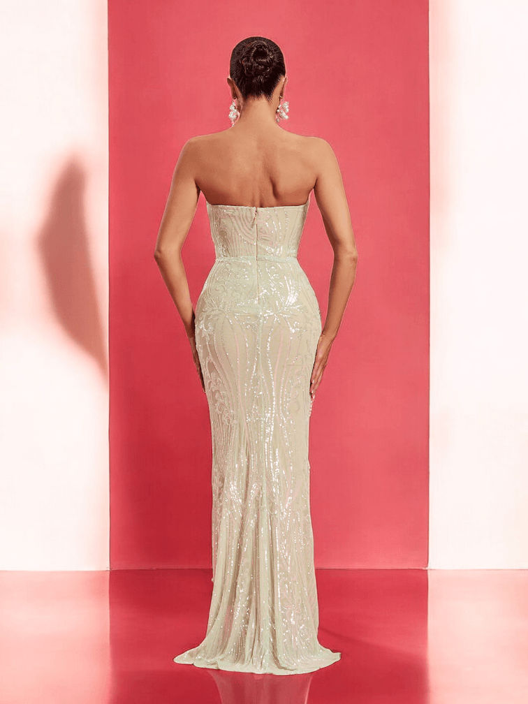 Mint Lisa Lux Pearl Embellished Strapless Maxi Dress with pearl details for weddings and formal events.