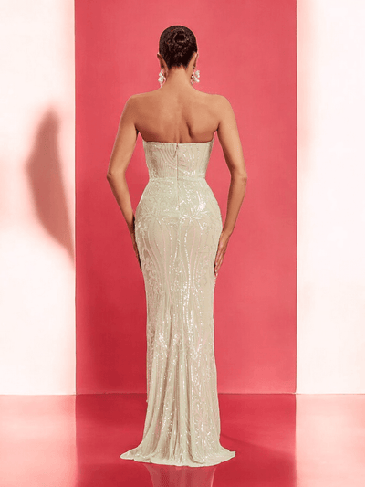 Mint Lisa Lux Pearl Embellished Strapless Maxi Dress with pearl details for weddings and formal events.