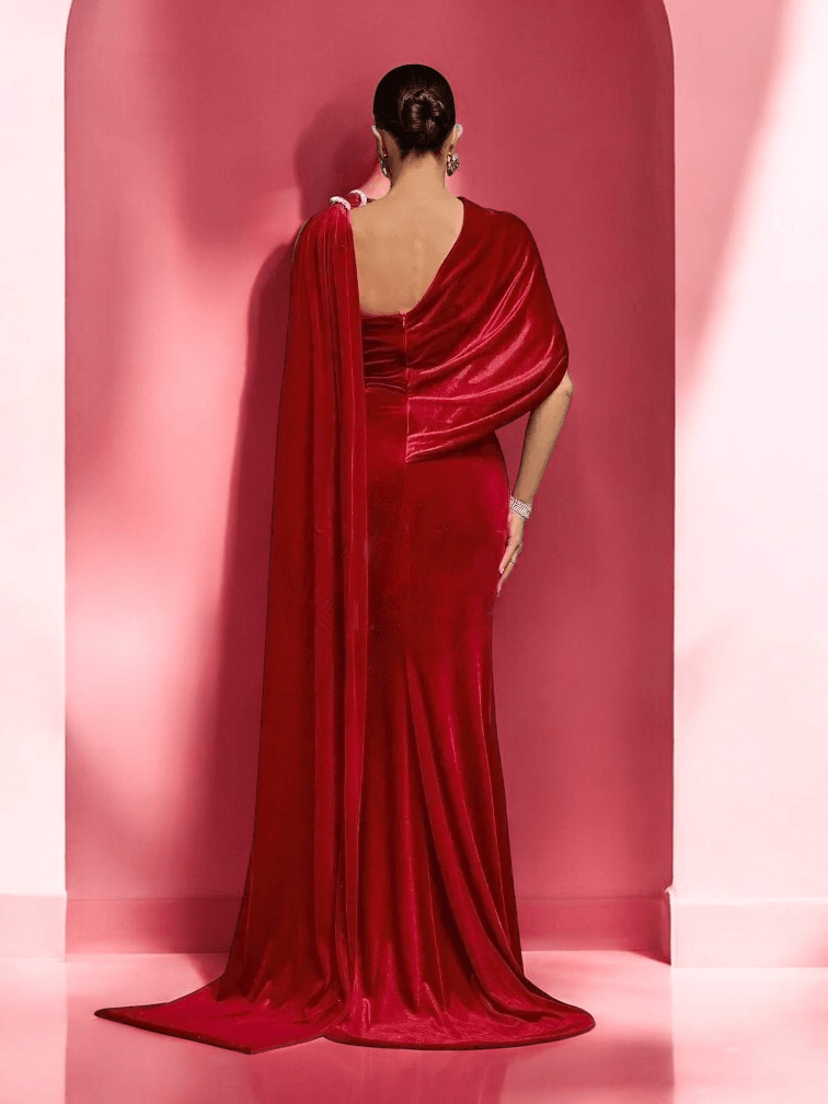Anet Strapless High Split Velvet Maxi Dress in Red - luxurious, velvet, strapless, high split design