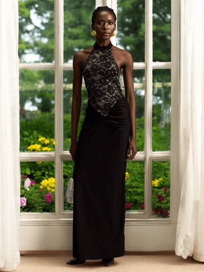 Dora black maxi dress with floral lace detailing