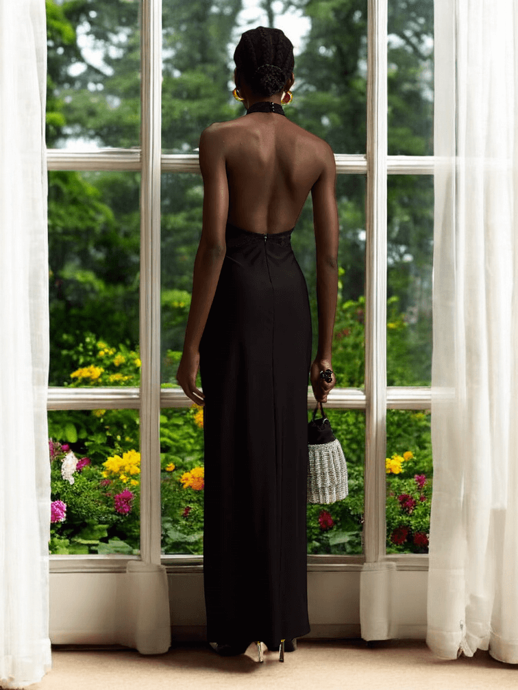 Dora black maxi dress with floral lace detailing