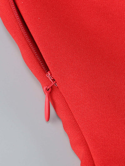 Close-up of the invisible zipper on the Flower One Shoulder Maxi Dress in Red.