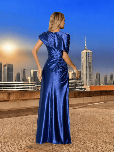Sapphire Satin Drape Crystal Split Gown