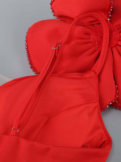 Close-up of Flower One Shoulder Maxi Dress in Red showcasing invisible zipper and sequin detailing.