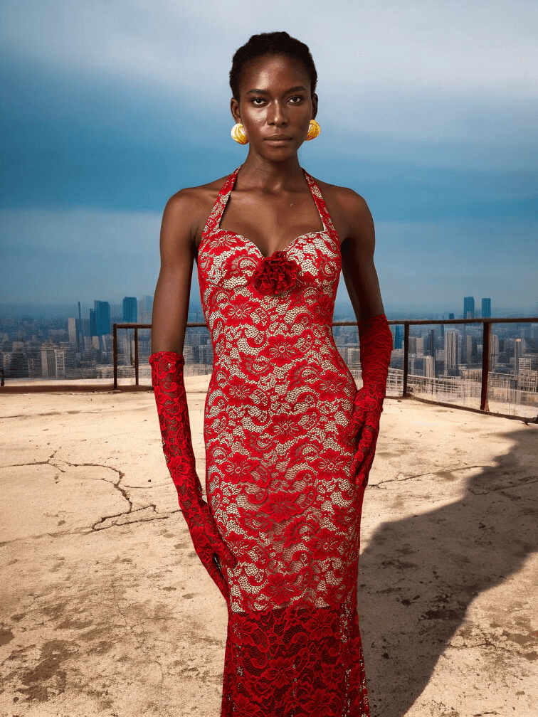 Burgundy Halter Floral Lace Maxi Dress with intricate lace and floral details for weddings and formal events.