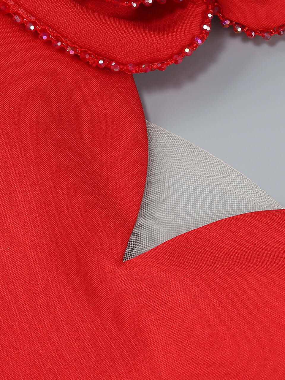 Close-up of red Flower One Shoulder Maxi Dress showing intricate sequin detailing and high-quality fabric texture.