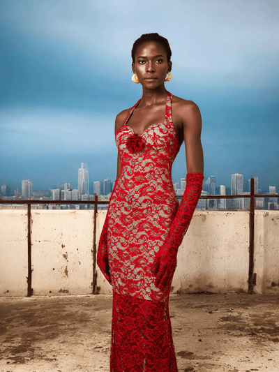 Burgundy Halter Floral Lace Maxi Dress with intricate lace and floral details for weddings and formal events.