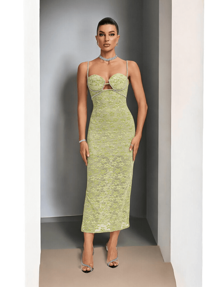 Crystal Bustier Lace Midi Dress Green