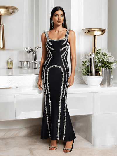 Diamante Bandage Maxi Dress in Black, ideal for parties, birthdays, and Christmas celebrations.