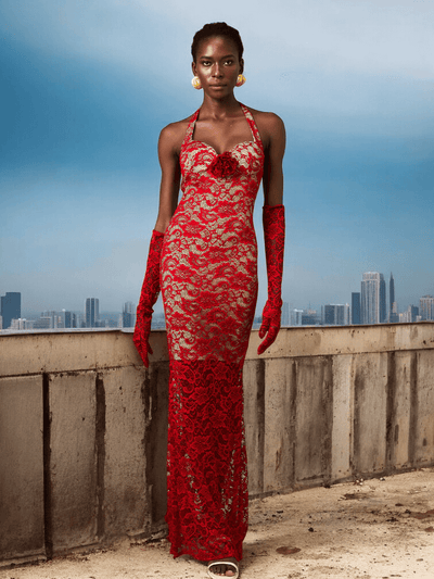 Burgundy Halter Floral Lace Maxi Dress with intricate lace and floral details for weddings and formal events.