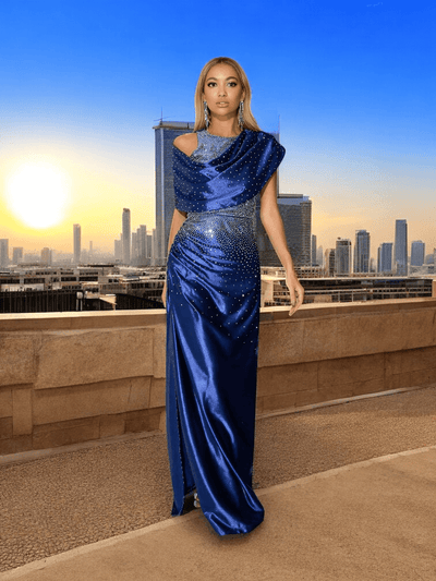Sapphire Satin Drape Crystal Split Gown