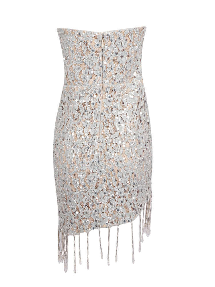 Image of a glamorous Strapless Crystal Tassels Design Luxury Glitter Mini Dress