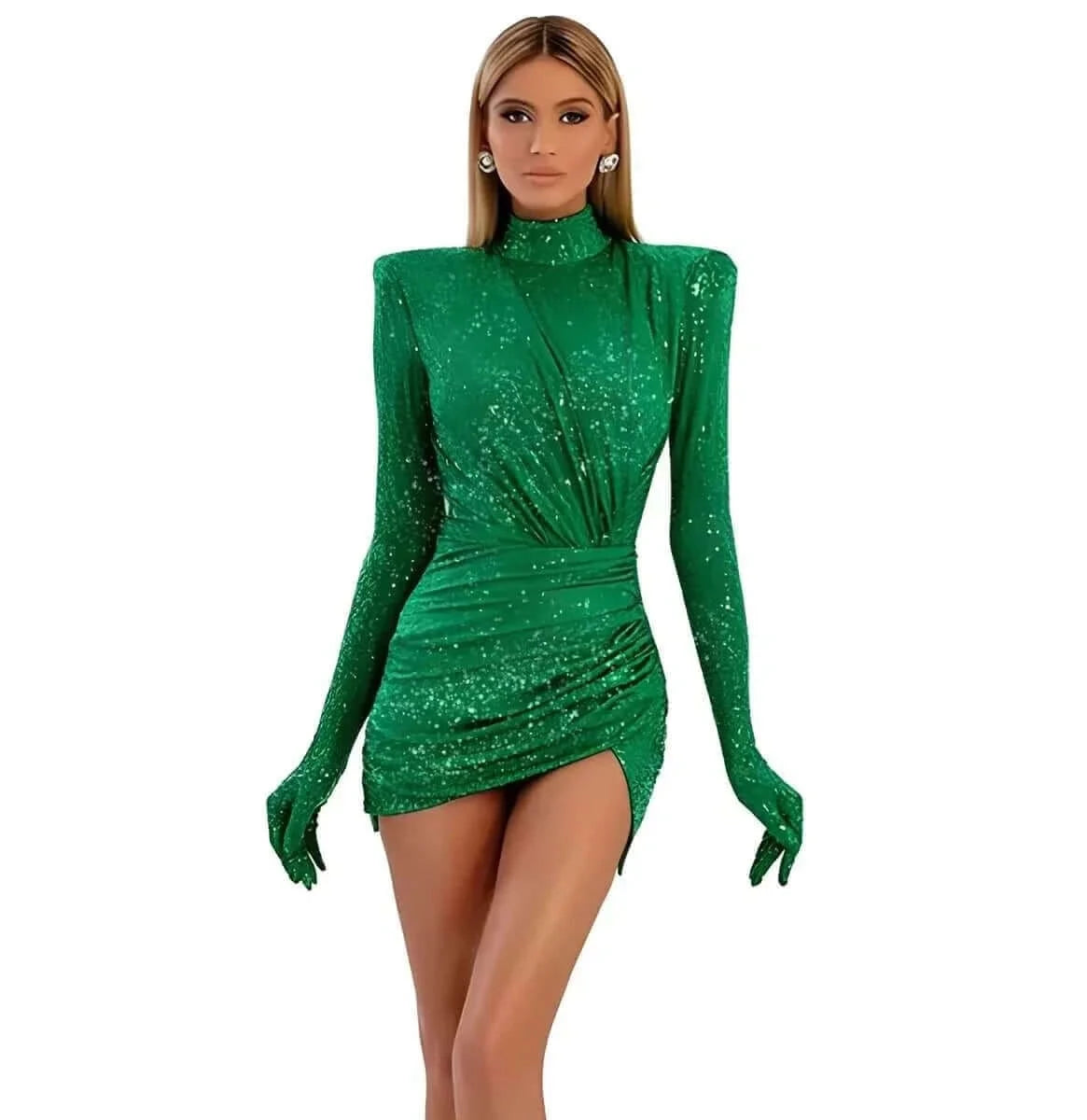London turtleneck mini draped dress with sequined gloves in green
