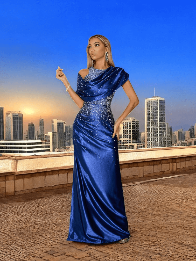 Sapphire Satin Drape Crystal Split Gown