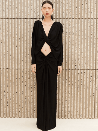 Waist Hollow Out Design Long Sleeves Black Gowns