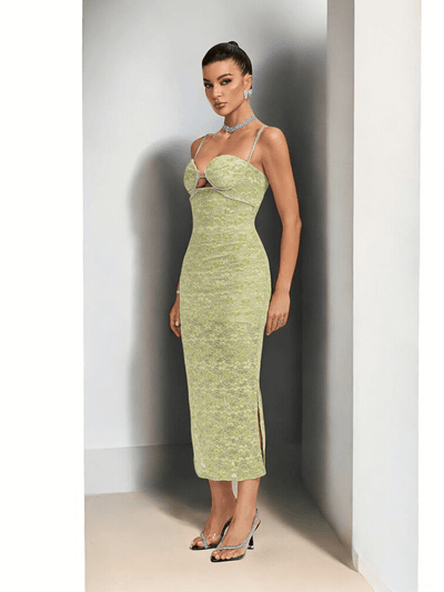 Crystal Bustier Lace Midi Dress Green