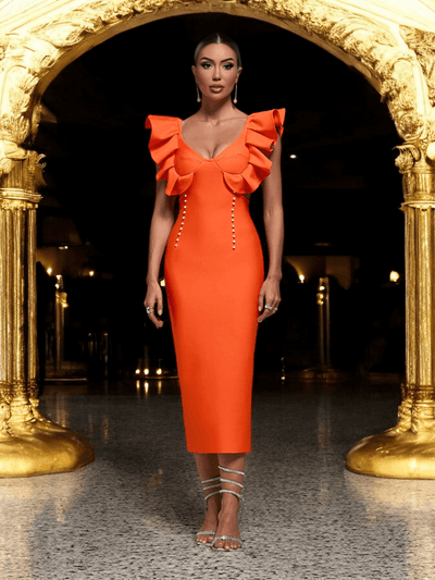 Enna Ruffles Orange Midi Bandage Dress with figure-hugging fit, ruffle details, and sleek midi length, perfect for special occasions.