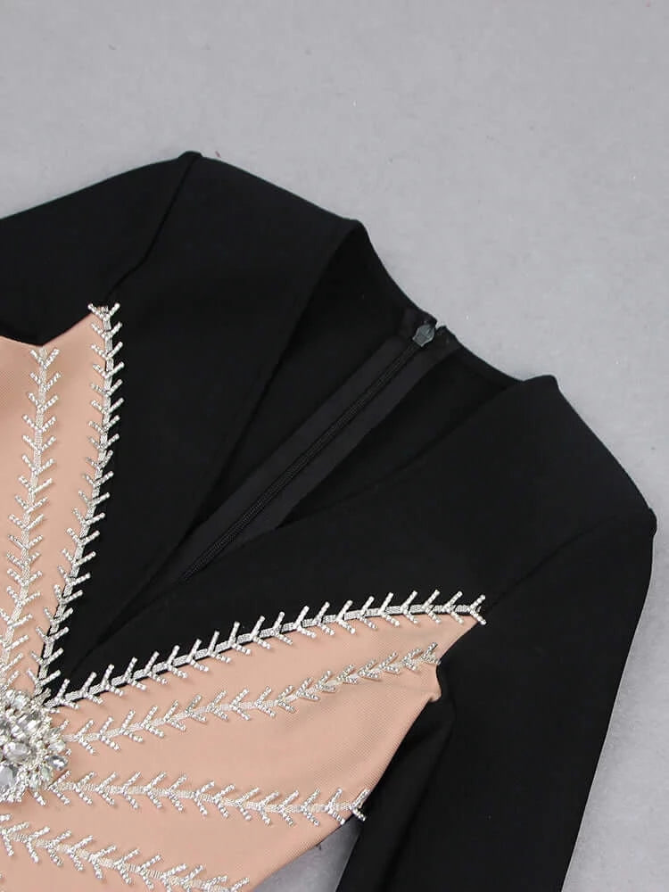 Long Sleeves Deep V Neck Crystal Design Mini Dress