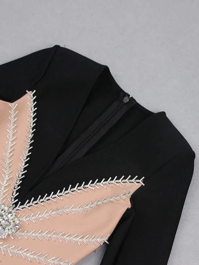 Long Sleeves Deep V Neck Crystal Design Mini Dress