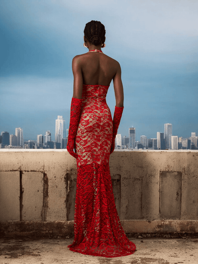 Burgundy Halter Floral Lace Maxi Dress with intricate lace and floral details for weddings and formal events.