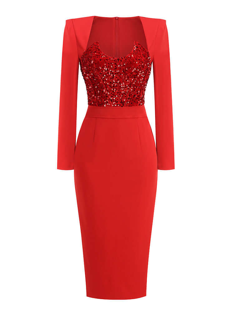 Long Sleeve Sequin Insert Midi Dress Red with high stretch, anti-wrinkle fabric, and YKK zipper for durability.