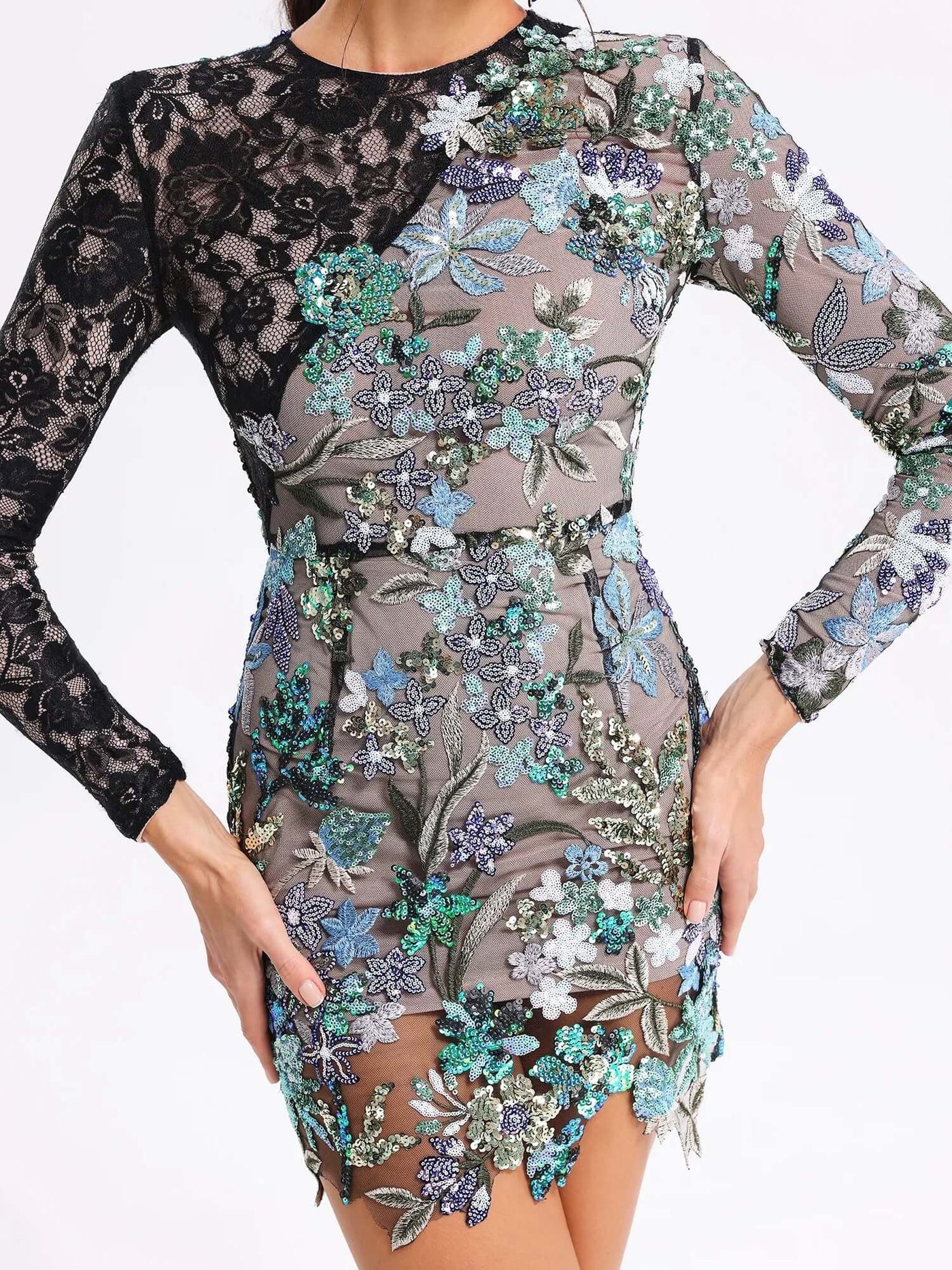 Image of a sophisticated Long Sleeve Lace Sequin Floral Dress