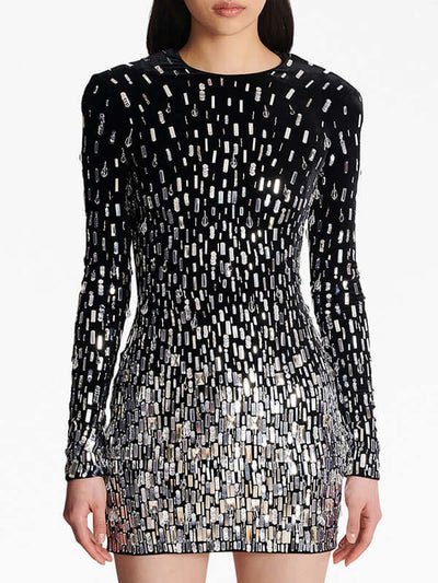 Long Sleeve Crystal Sequin Velvet Dress