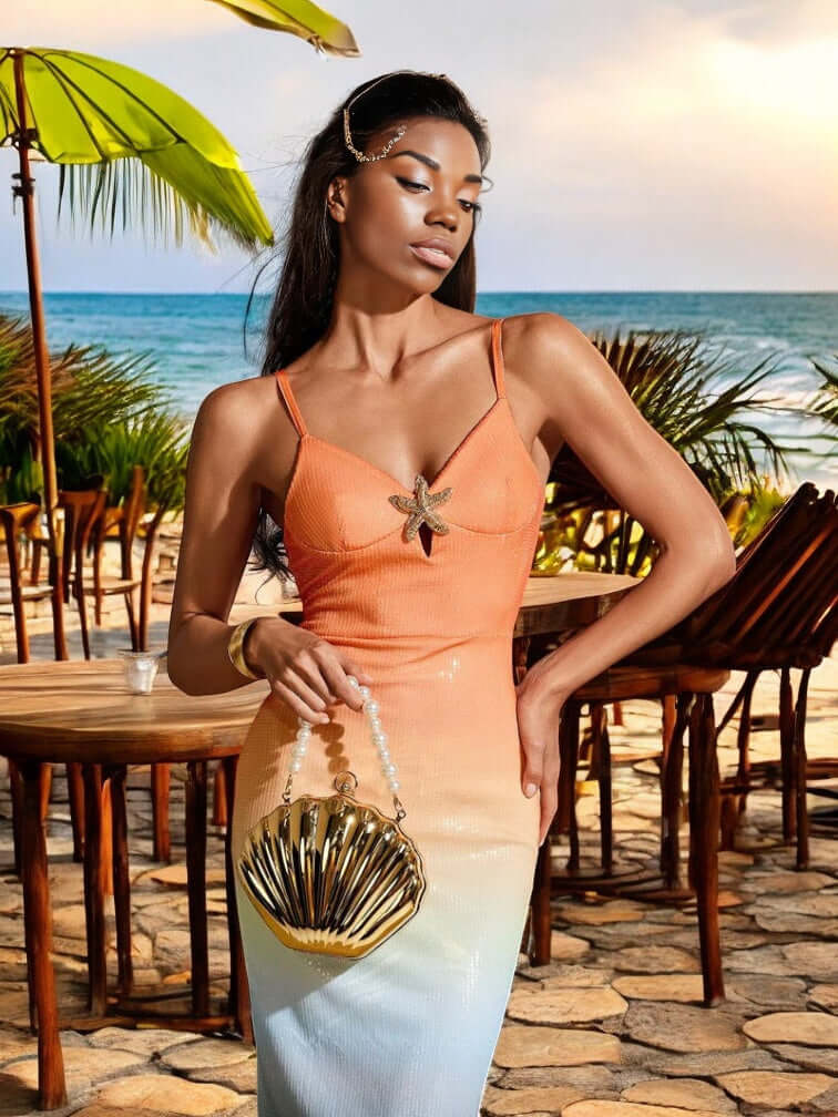 Ilva Sunset-Inspired Ombre Midi Dress with sea star details for parties and events.