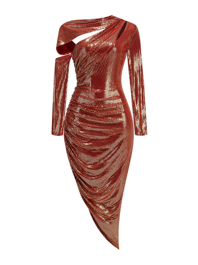 Red gold maxi dress with long sleeves and elegant ruched detailing.