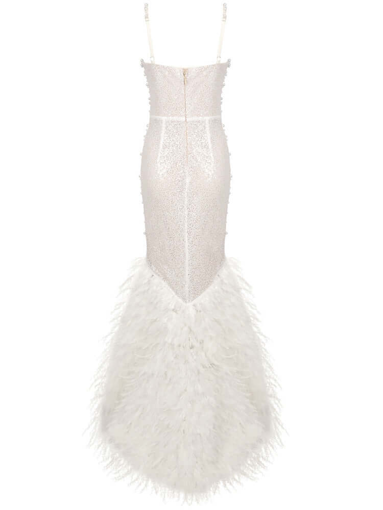 White Pearl Sequin Feather Mermaid Maxi Dress: Ethereal Glamour