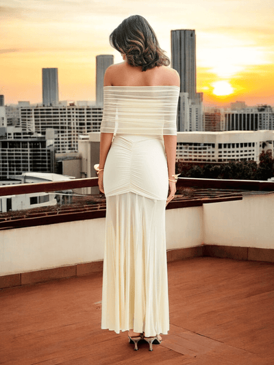 Ivory off-shoulder slinky mesh maxi dress – elegant bodycon evening gown for women