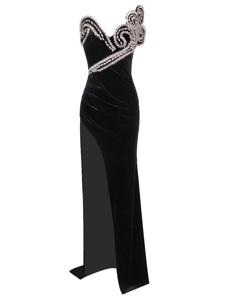 Strapless Crystal Filigree Maxi Velvet Dress in Black, ideal for evening events and parties.