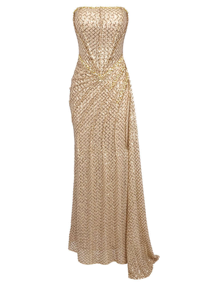 Sophia Gold Sequins Maxi Dress Elegant Evening Gown