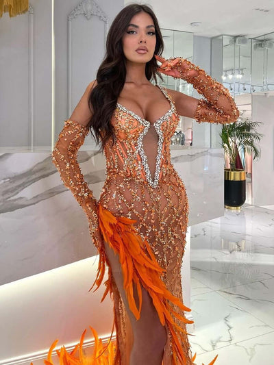 High Side Feather Slit Gown Dress With Sequins